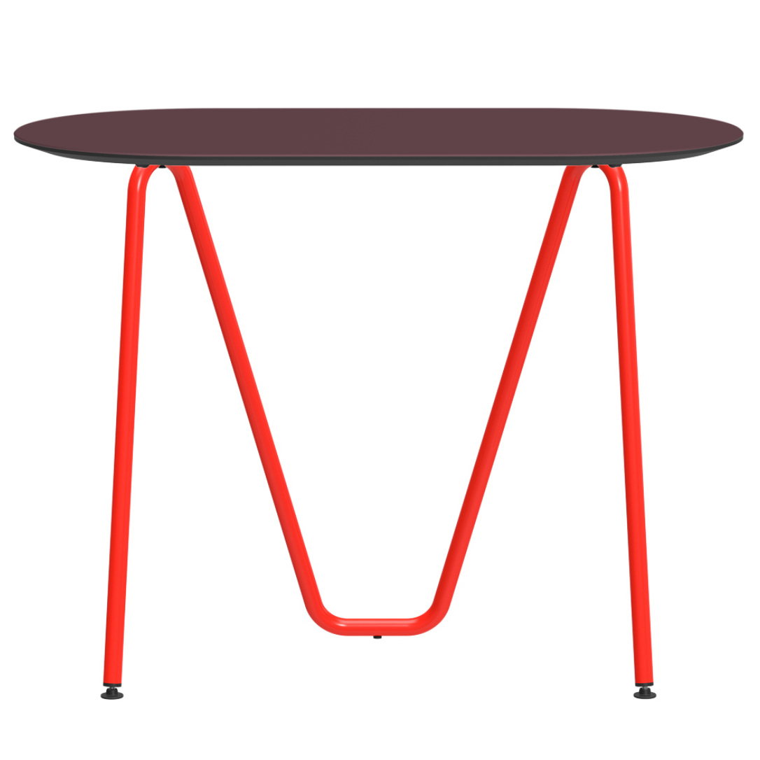 Console bureau d'appoint sur tréteaux Sinus design Daniel Lorch. Pied rouge, plateau couleur bordeaux