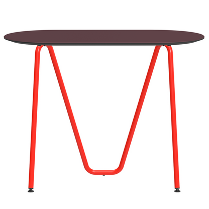 Console bureau d'appoint sur tréteaux Sinus design Daniel Lorch. Pied rouge, plateau couleur bordeaux