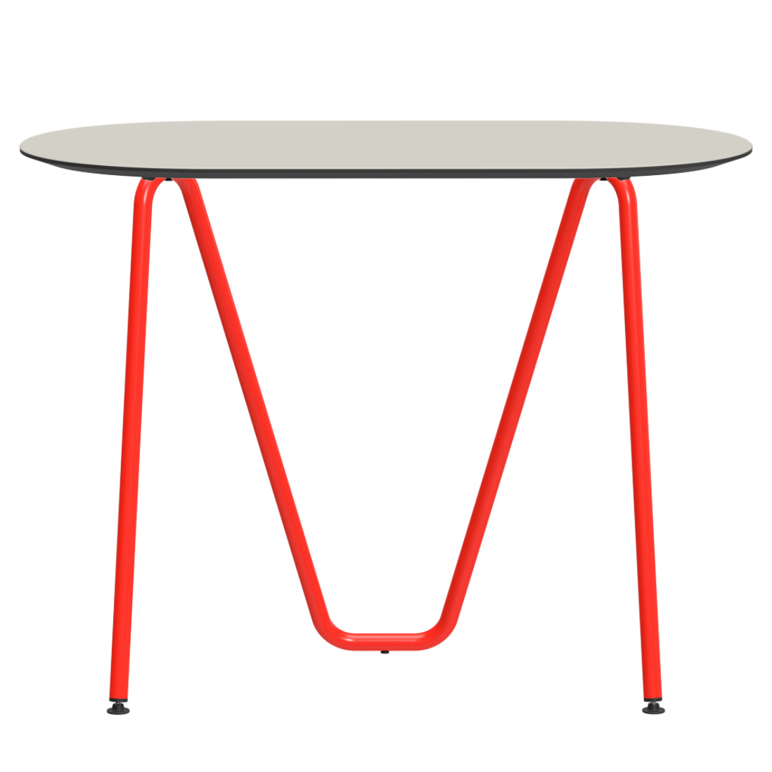 Console bureau d'appoint sur tréteaux Sinus design Daniel Lorch. Pied rouge, plateau couleur champignon