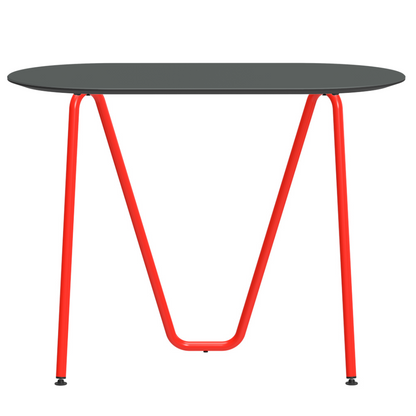 Console bureau d'appoint sur tréteaux Sinus design Daniel Lorch. Pied rouge, plateau couleur étain