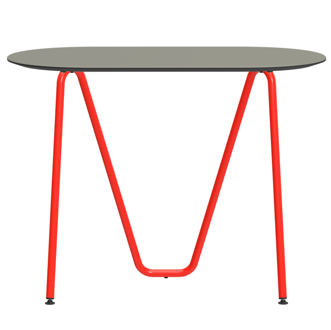 Console bureau d'appoint sur tréteaux Sinus design Daniel Lorch. Pied rouge, plateau couleur galet