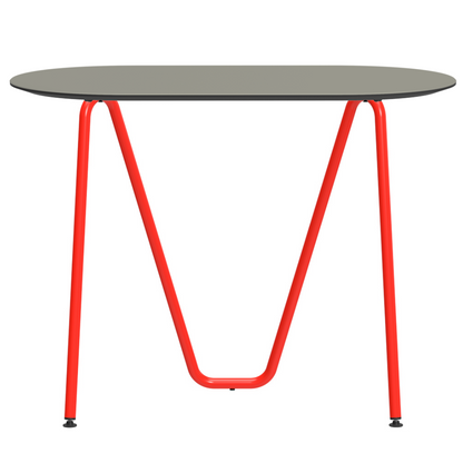 Console bureau d'appoint sur tréteaux Sinus design Daniel Lorch. Pied rouge, plateau couleur galet