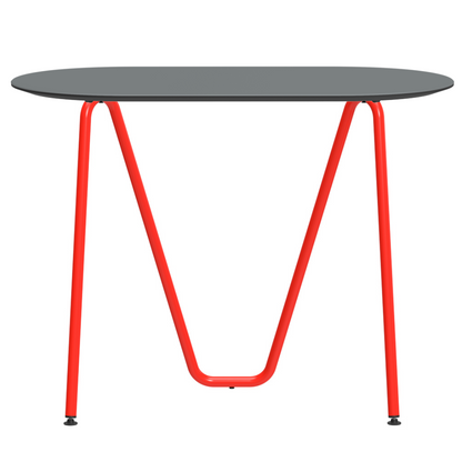 Console bureau d'appoint sur tréteaux Sinus design Daniel Lorch. Pied rouge, plateau couleur gris cendre