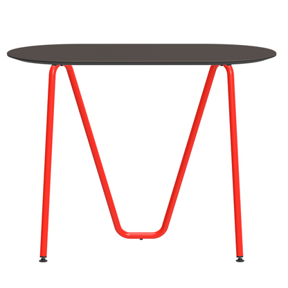 Console bureau d'appoint sur tréteaux Sinus design Daniel Lorch. Pied rouge, plateau couleur mauve