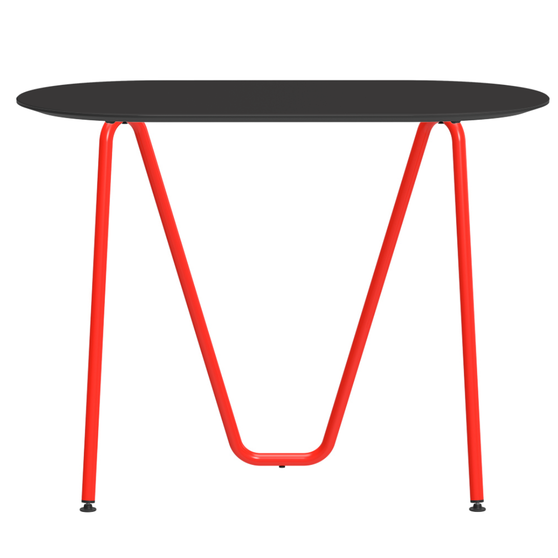 Console bureau d'appoint sur tréteaux Sinus design Daniel Lorch. Pied rouge, plateau couleur noire