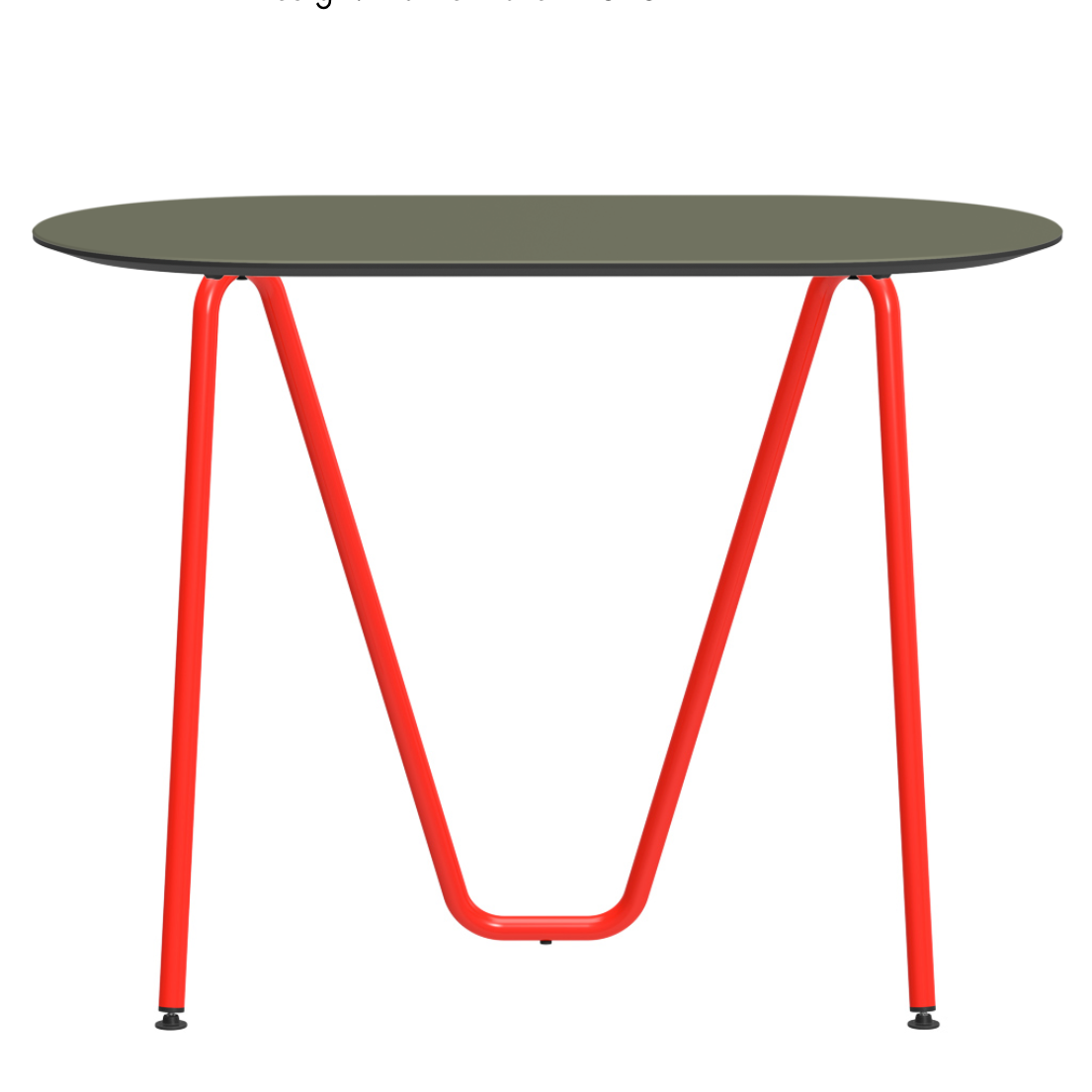 Console bureau d'appoint sur tréteaux Sinus design Daniel Lorch. Pied rouge, plateau couleur olive