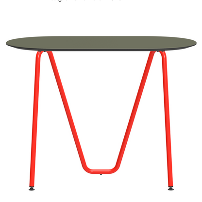 Console bureau d'appoint sur tréteaux Sinus design Daniel Lorch. Pied rouge, plateau couleur olive