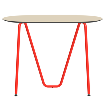 Console bureau d'appoint sur tréteaux Sinus design Daniel Lorch. Pied rouge, plateau couleur perle