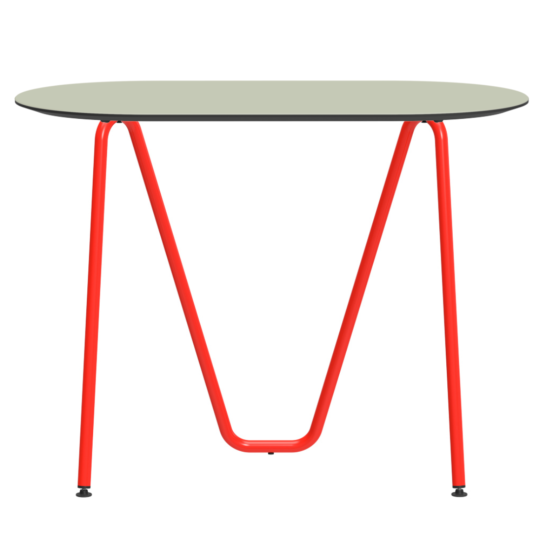 Console bureau d'appoint sur tréteaux Sinus design Daniel Lorch. Pied rouge, plateau couleur pistache
