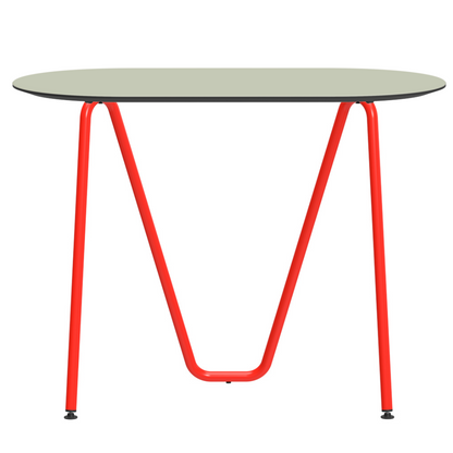 Console bureau d'appoint sur tréteaux Sinus design Daniel Lorch. Pied rouge, plateau couleur pistache