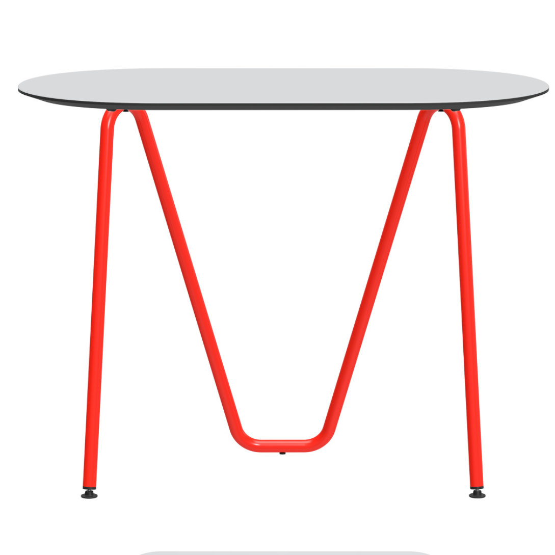 Console bureau d'appoint sur tréteaux Sinus design Daniel Lorch. Pied rouge, plateau couleur vapeur