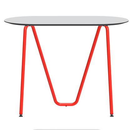 Console bureau d'appoint sur tréteaux Sinus design Daniel Lorch. Pied rouge, plateau couleur vapeur