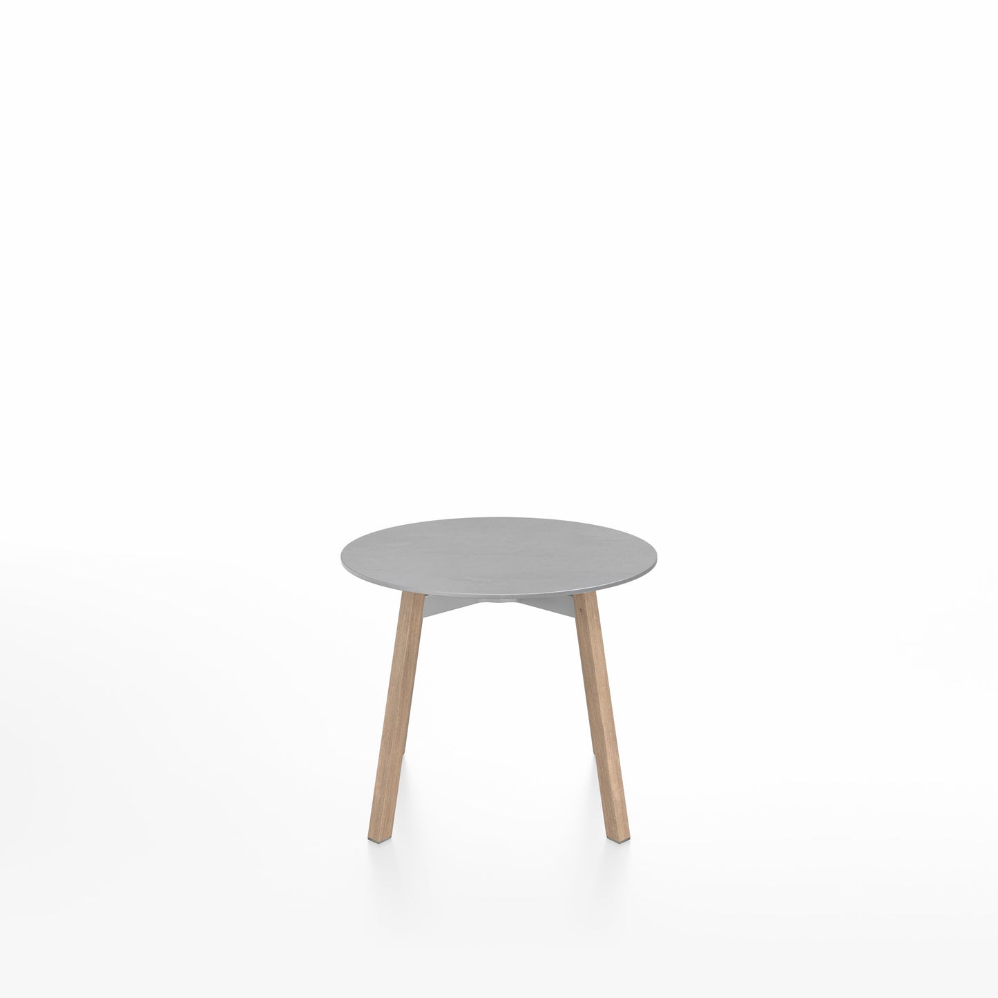 Table basse Emeco SU ronde, plateau aluminium brossé, base chêne massif