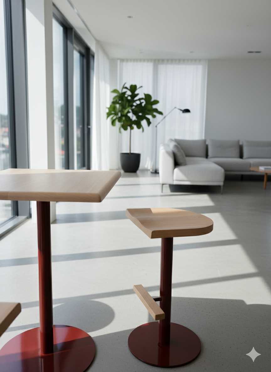 Tabouret ajustable Camarade en hêtre et acier dans un salon