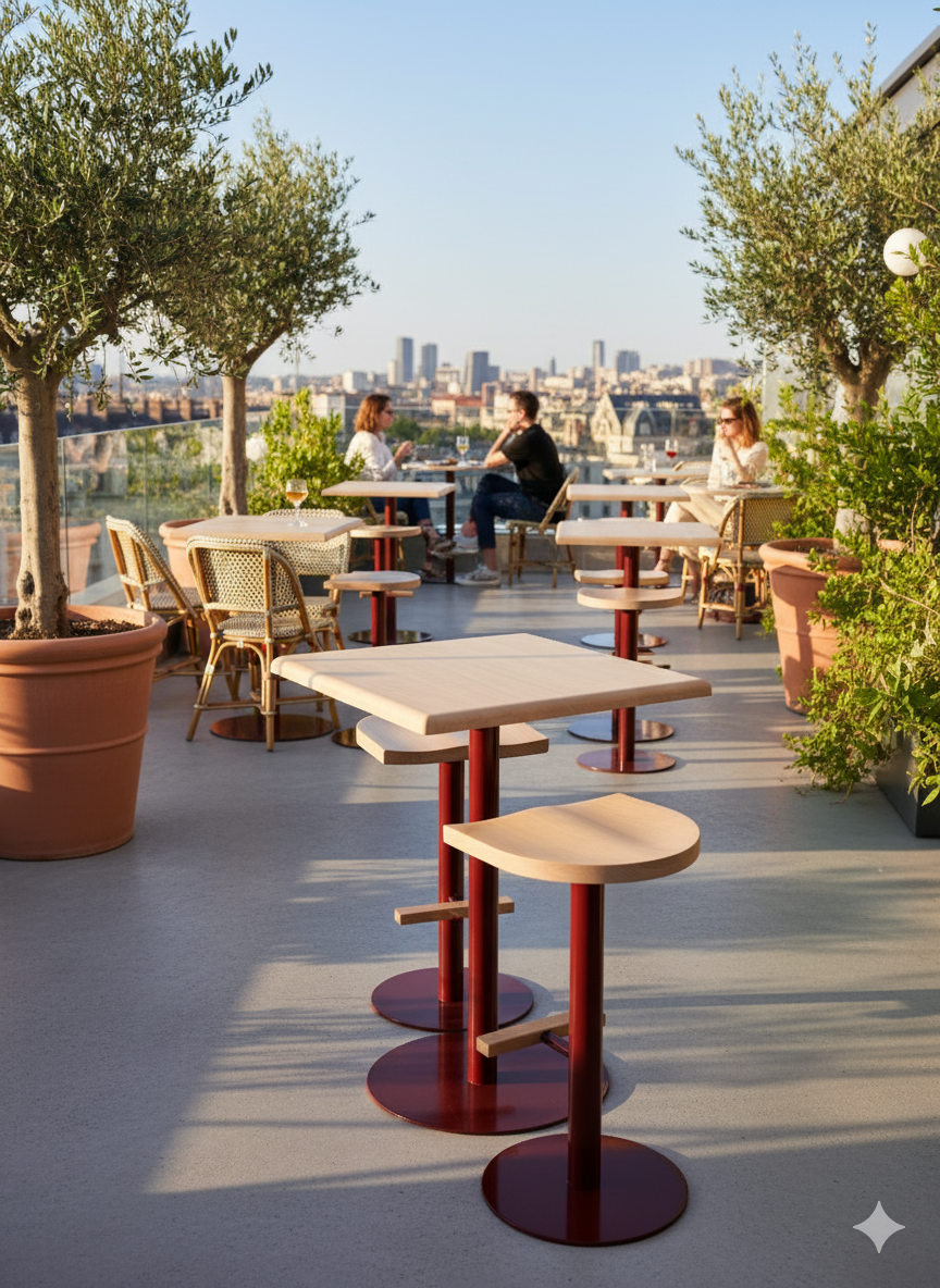 Tabouret ajustable Camarade en hêtre et acier sur une terrasse de bar