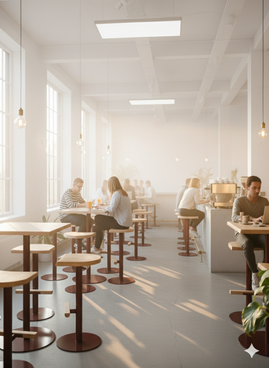 Tabouret ajustable Camarade en hêtre et acier dans un coworking lumineux