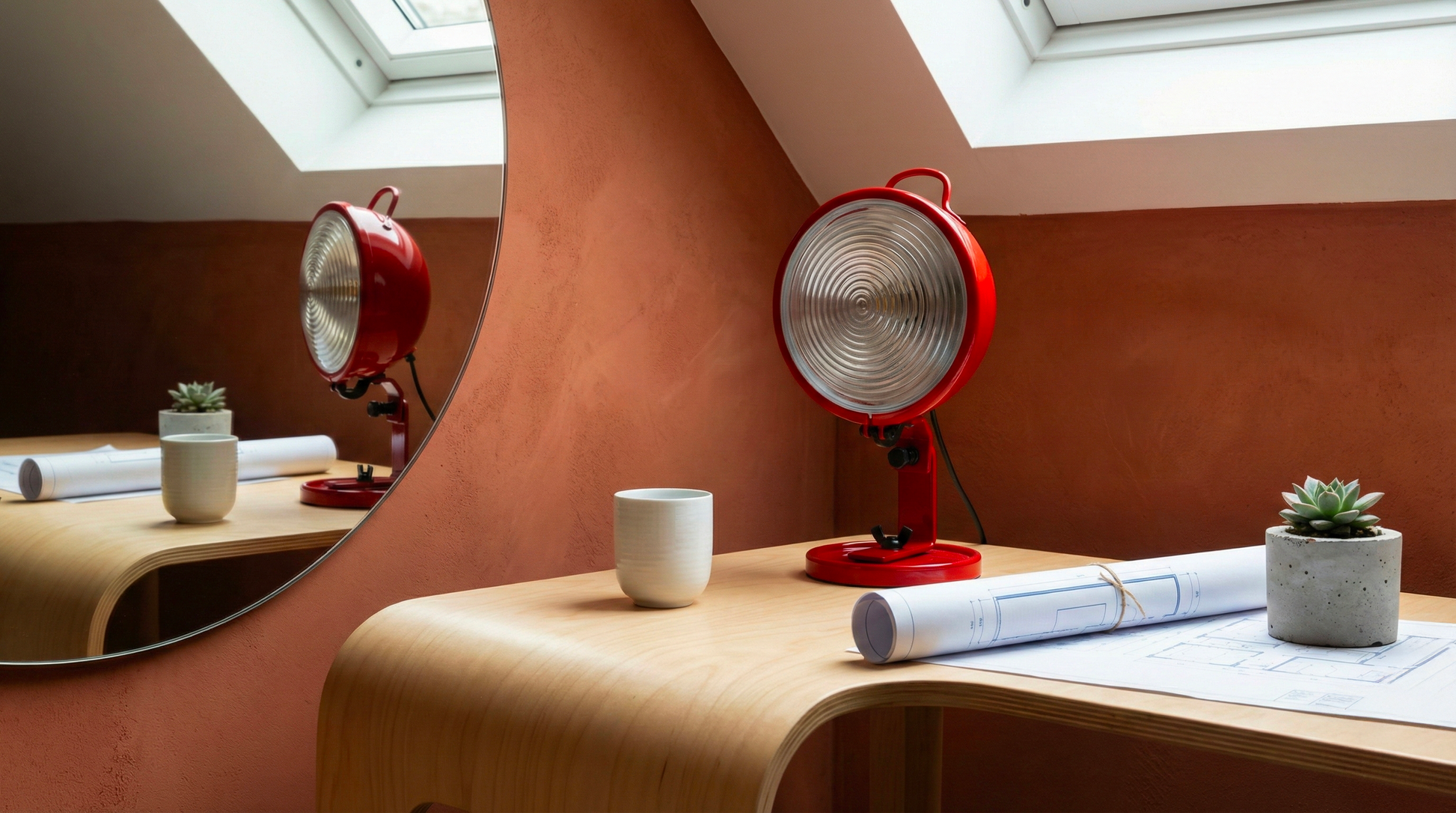 Lampe Jeep rouge aluminium reflétée dans un miroir — design Cesare Leonardi & Franca Stagi | Antifer