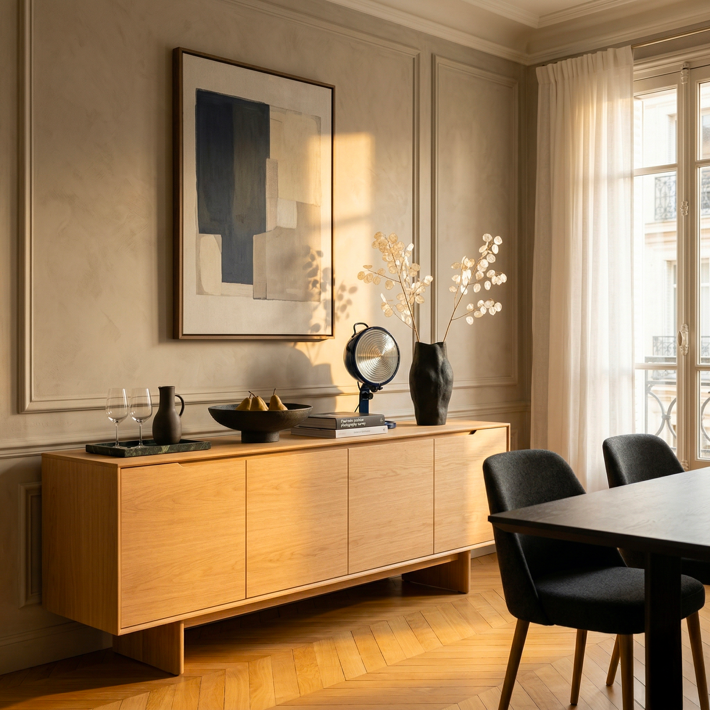 Lampe Jeep bleu aluminium en salon parisien — design Cesare Leonardi & Franca Stagi | Antifer