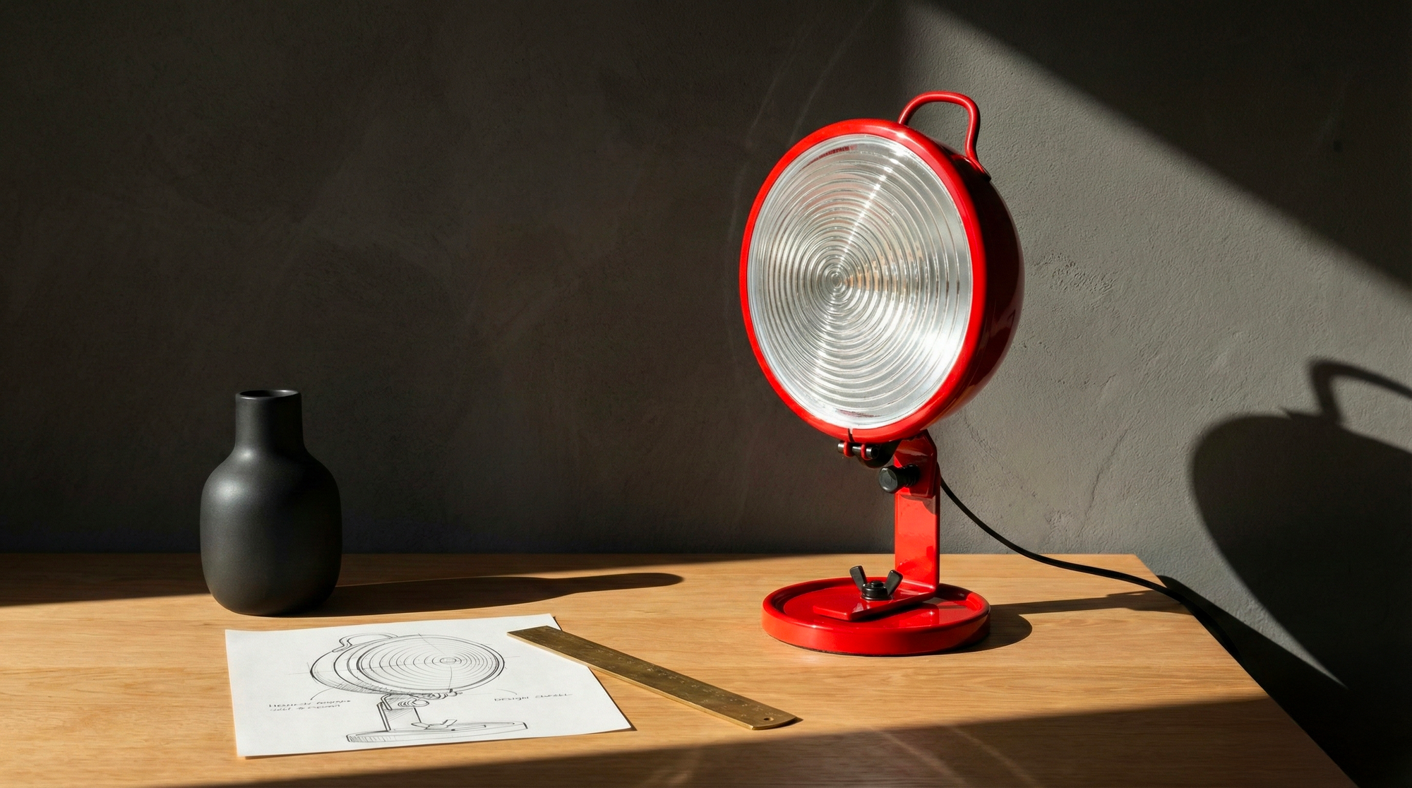 Lampe Jeep rouge réédition posée sur bureau avec dessin
