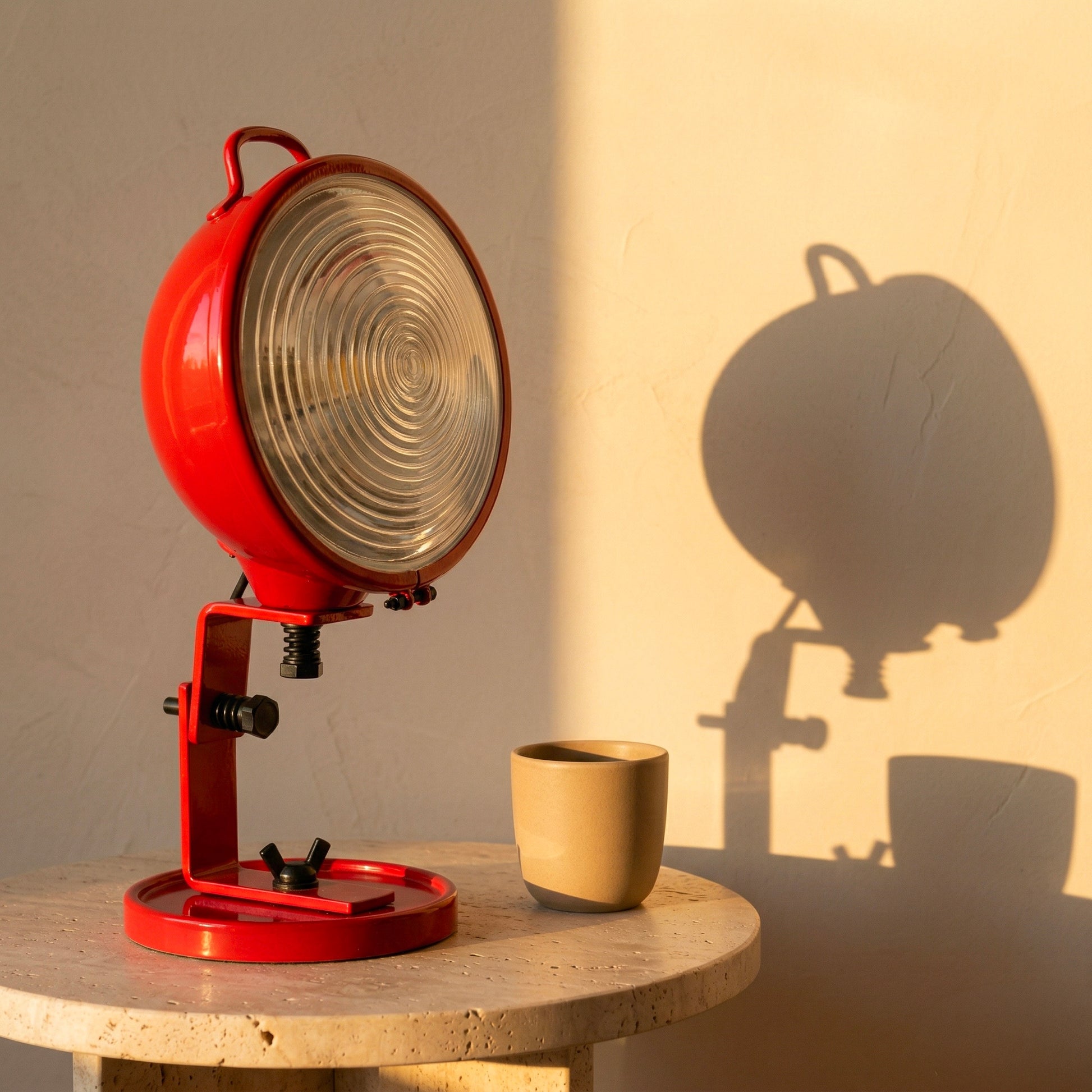 Lampe Jeep sur table en travertin — design Cesare Leonardi & Franca Stagi | Antifer