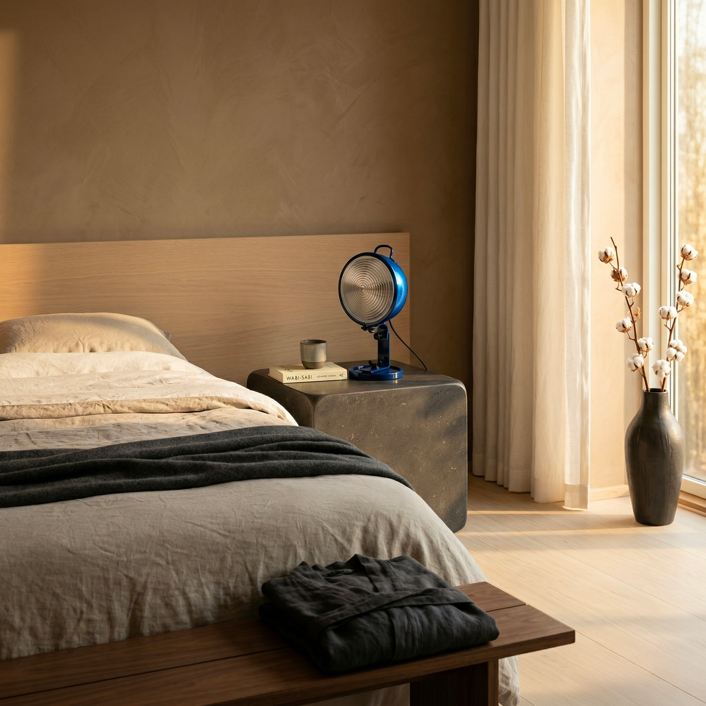Lampe Jeep bleu nuit aluminium en ambiance chambre zen — design Cesare Leonardi & Franca Stagi | Antifer