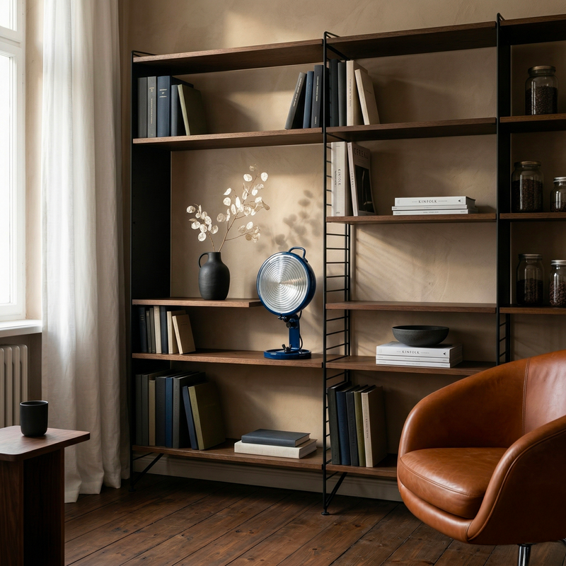 Lampe Jeep bleu nuit sur tabouret Camarade, canapé cuir