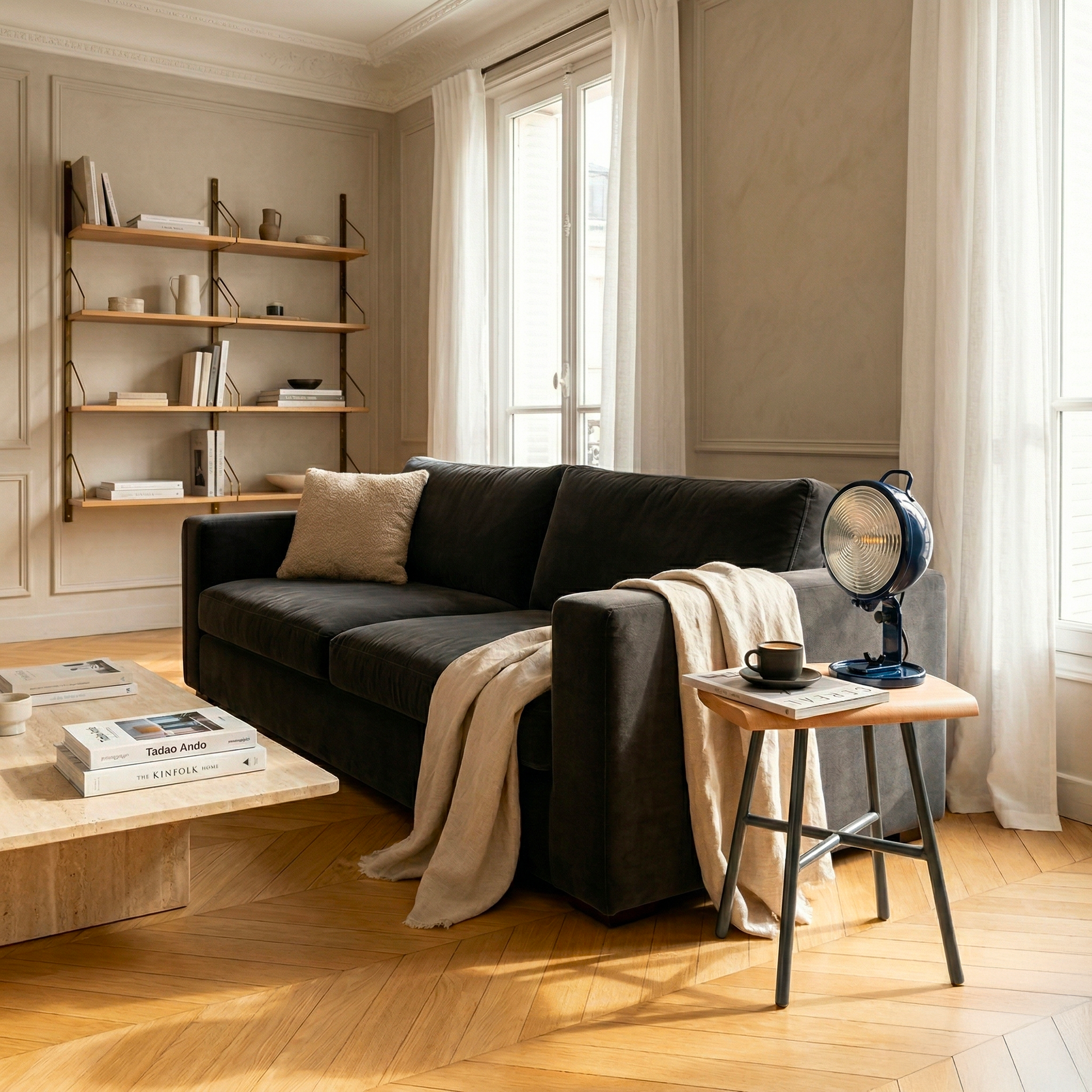 Tabouret bas Camarade hêtre massif & acier avec lampe Jeep en salon parisien — design Big-Game | Antifer