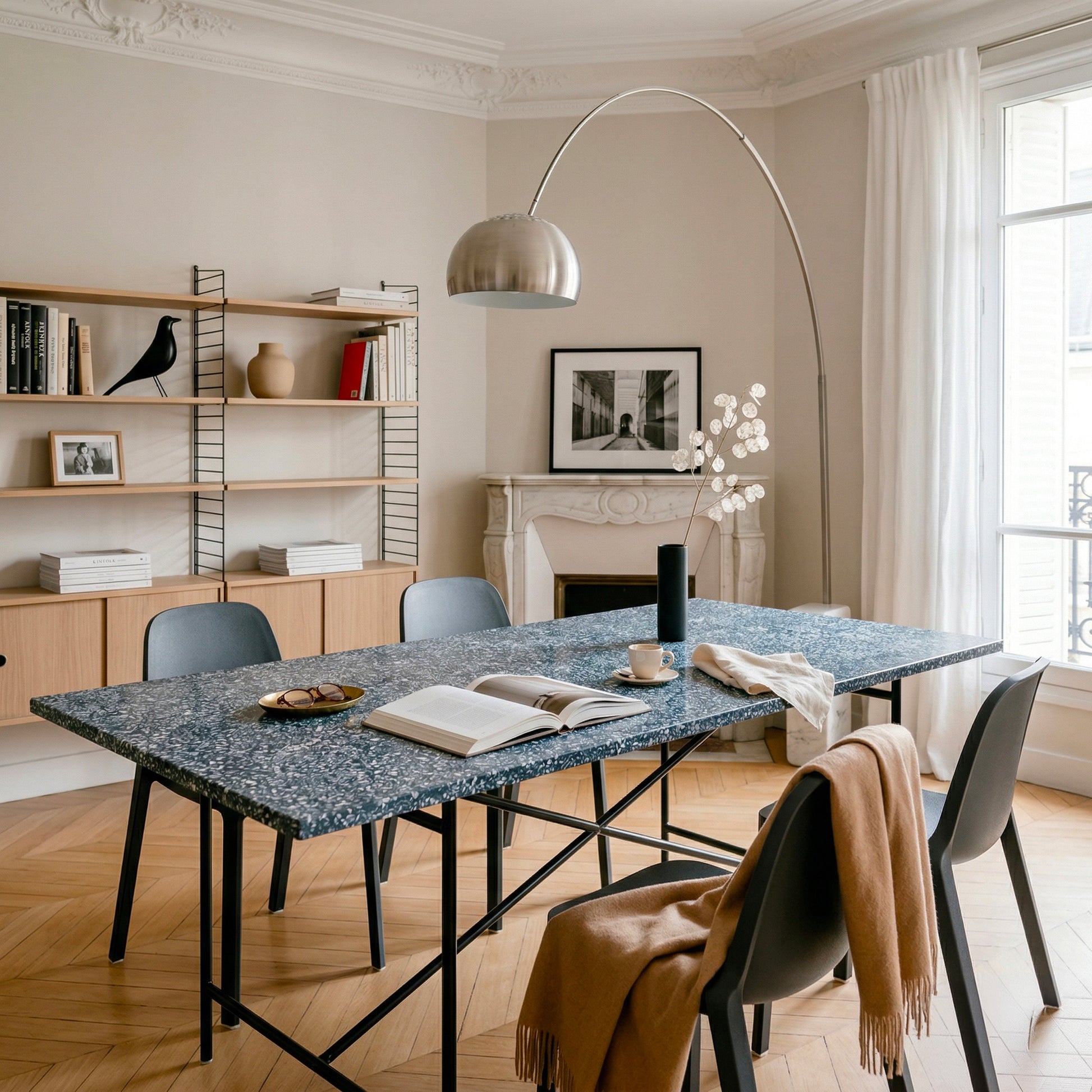 Tabletop Ostrea anthracite in parisian living room — marine terrazzo of recycled seashells | Antifer