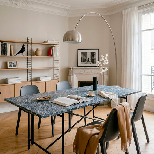 Tabletop Ostrea anthracite in parisian living room — marine terrazzo of recycled seashells | Antifer
