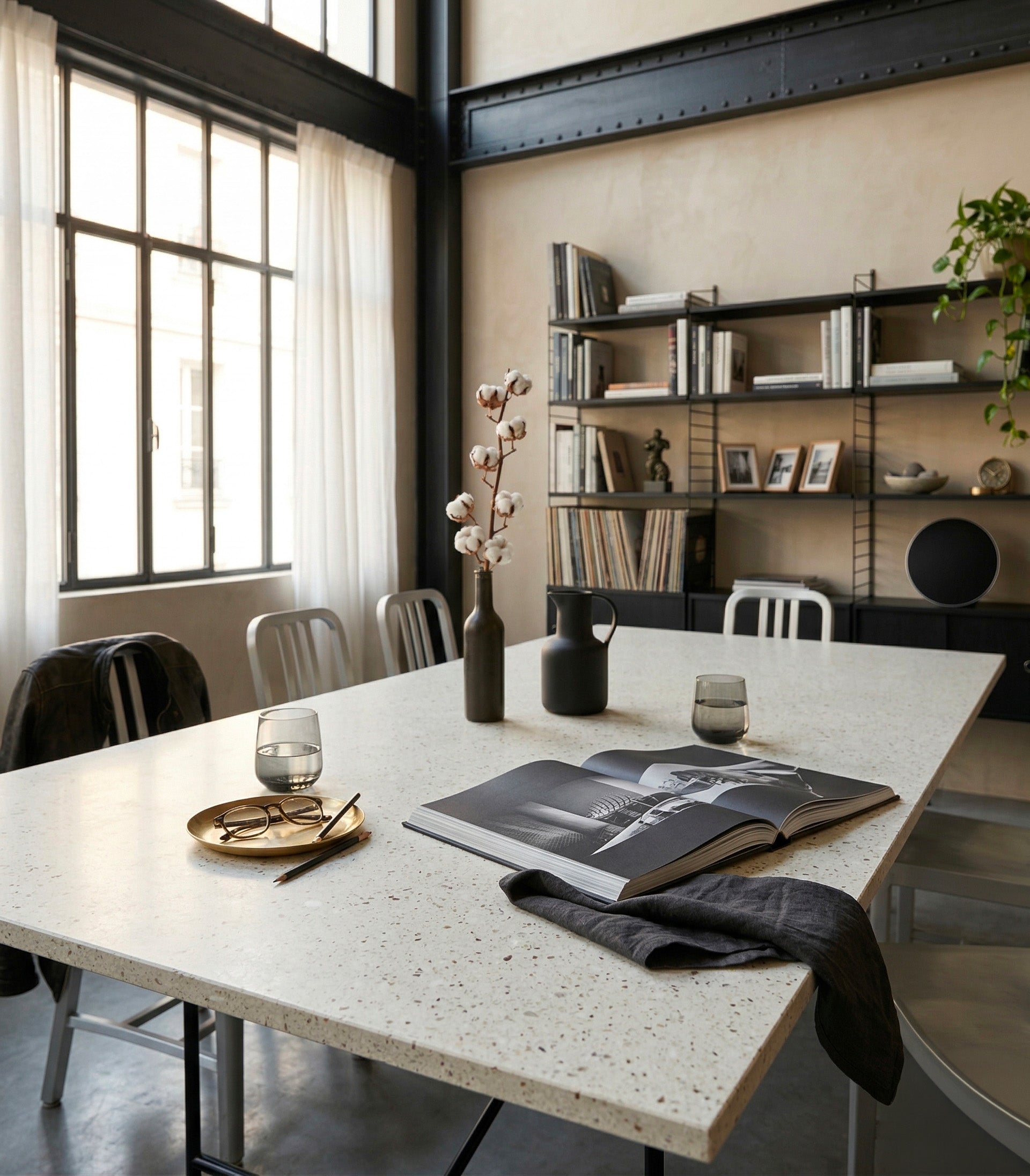 Tabletop Ostrea Saint-Jacques in industrial loft — marine terrazzo of recycled seashells | Antifer