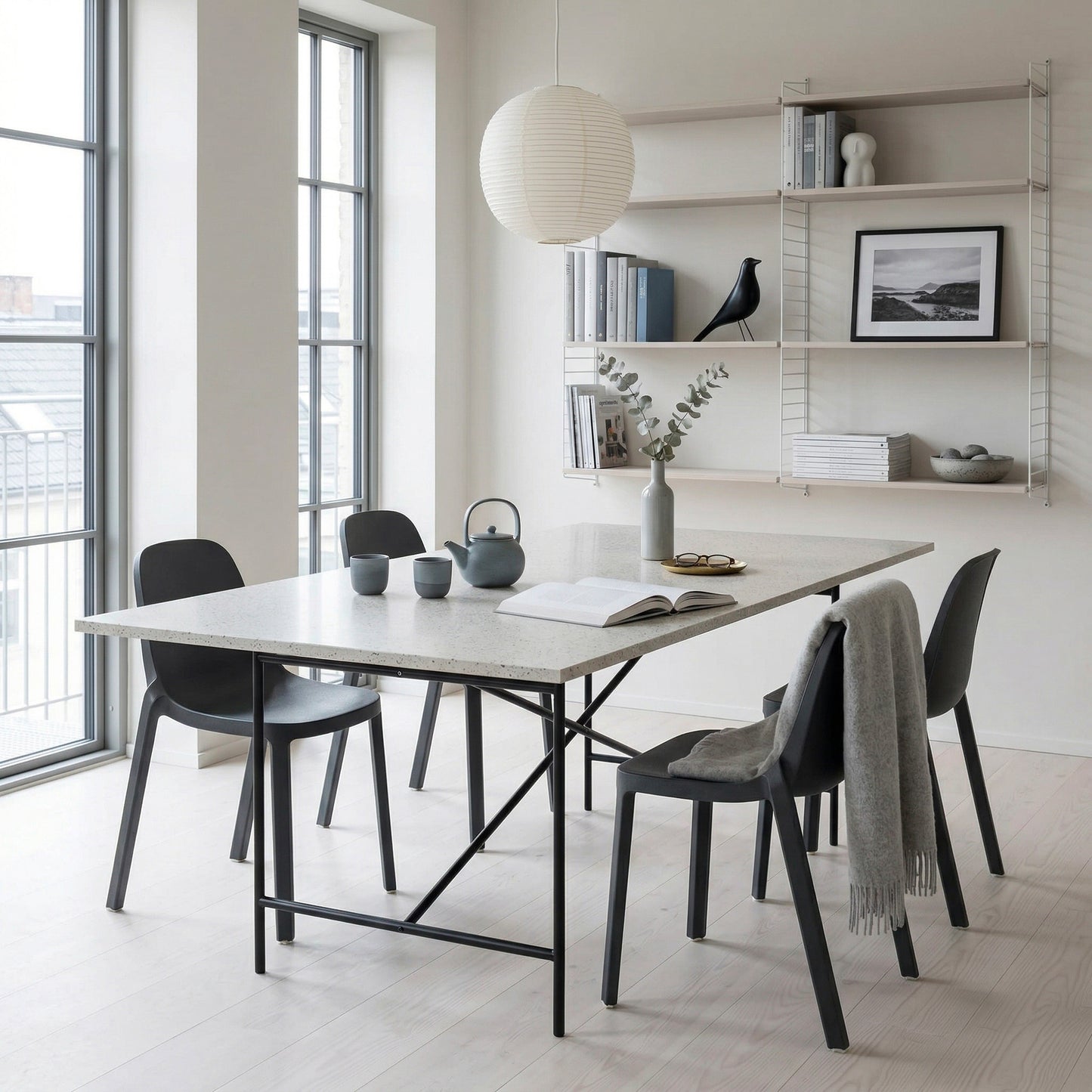 Tabletop Ostrea Saint-Jacques in nordic atmosphere on floor light oak — marine terrazzo of recycled seashells | Antifer