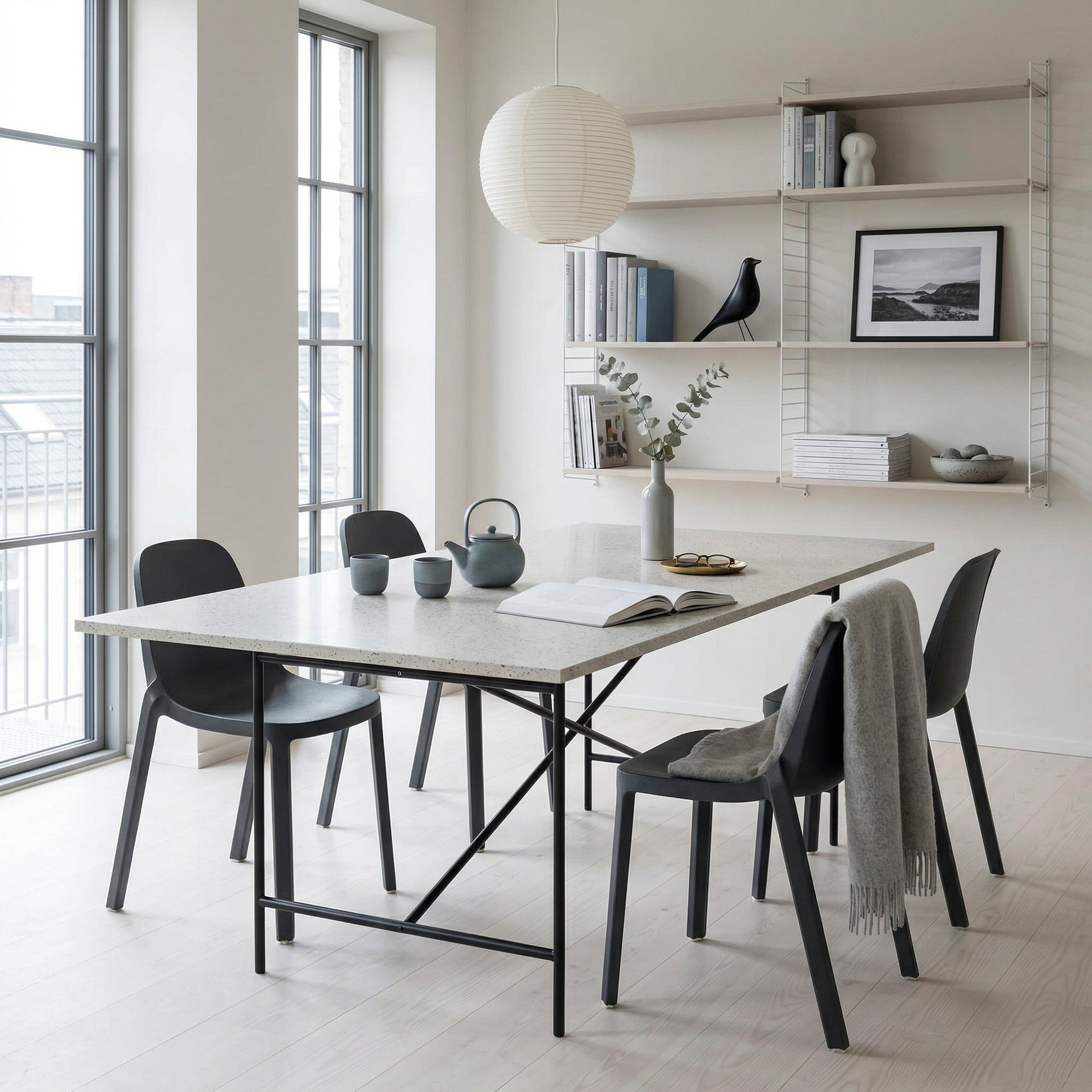 Tabletop Ostrea Saint-Jacques in nordic atmosphere on floor light oak — marine terrazzo of recycled seashells | Antifer
