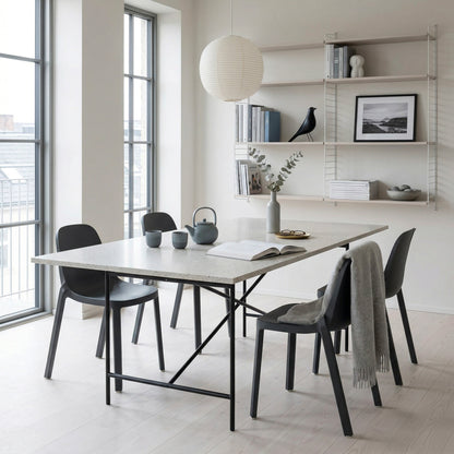 Tabletop Ostrea Saint-Jacques in nordic atmosphere on floor light oak — marine terrazzo of recycled seashells | Antifer