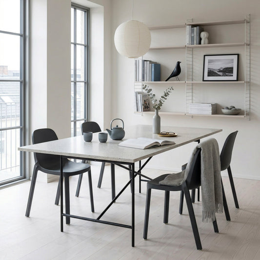 Tabletop Ostrea Saint-Jacques in nordic atmosphere on floor light oak — marine terrazzo of recycled seashells | Antifer
