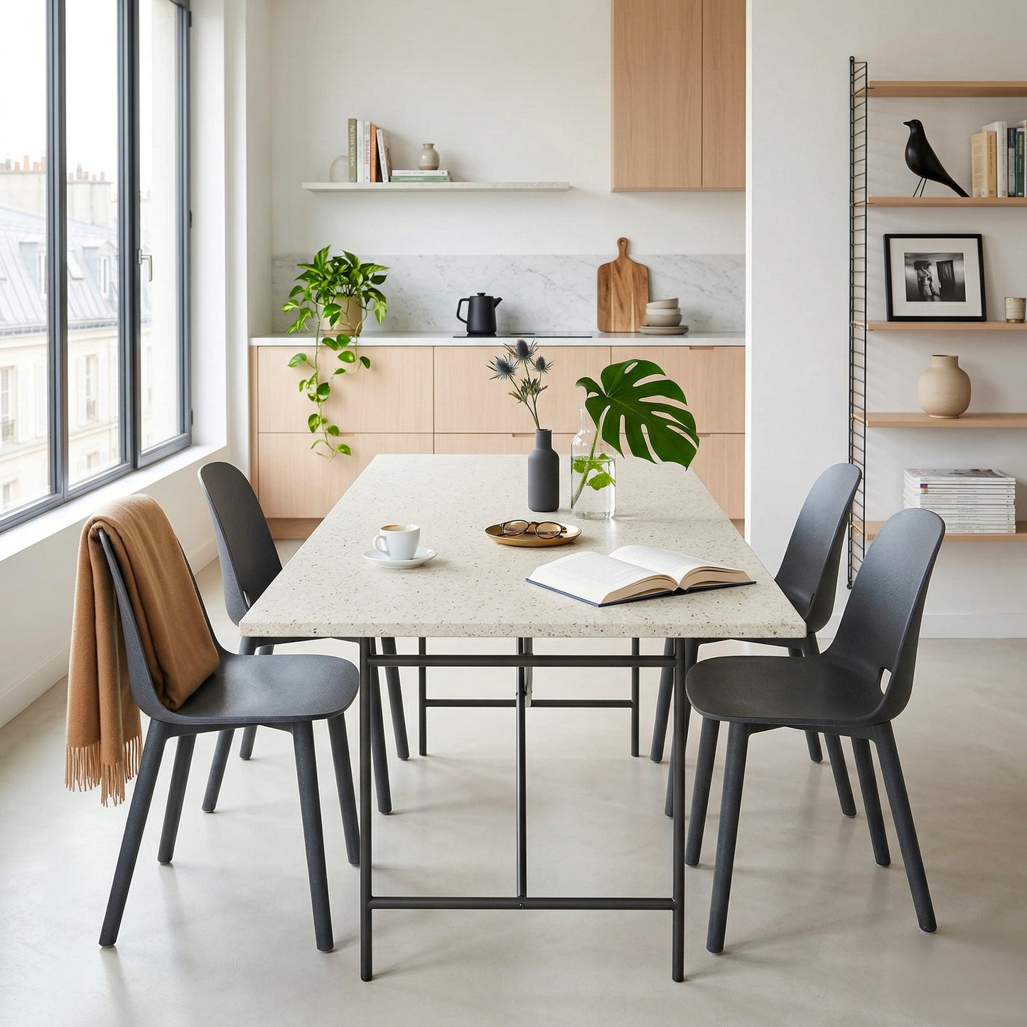 Tabletop Ostrea on base E2 Adam Wieland with chairs Emeco 1 Inch — marine terrazzo | Antifer