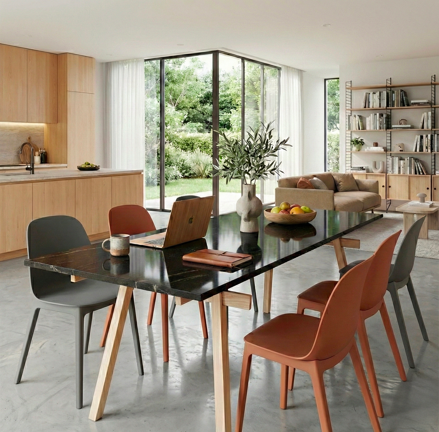 Salon avec piètement Stand en frêne massif & plateau granit