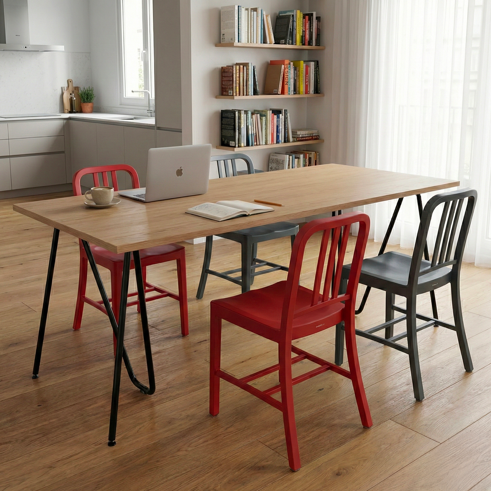 Sinus table with wooden top and Emeco Navy chairs — designer steel trestle base
