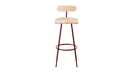 Tabouret haut Camarade en hêtre massif et acier noir, vue de face