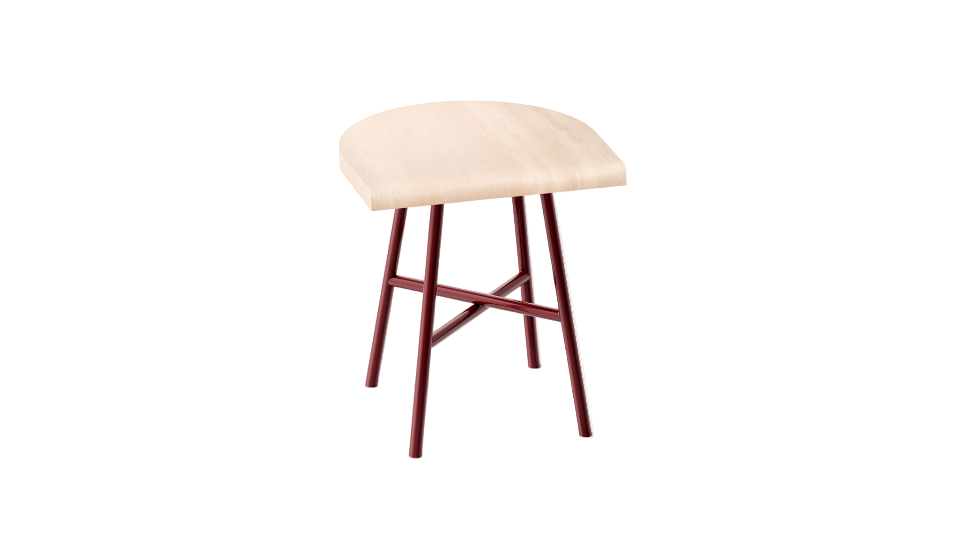 Tabouret bas Camarade en hêtre massif et acier couleur rouille, vue de 3/4