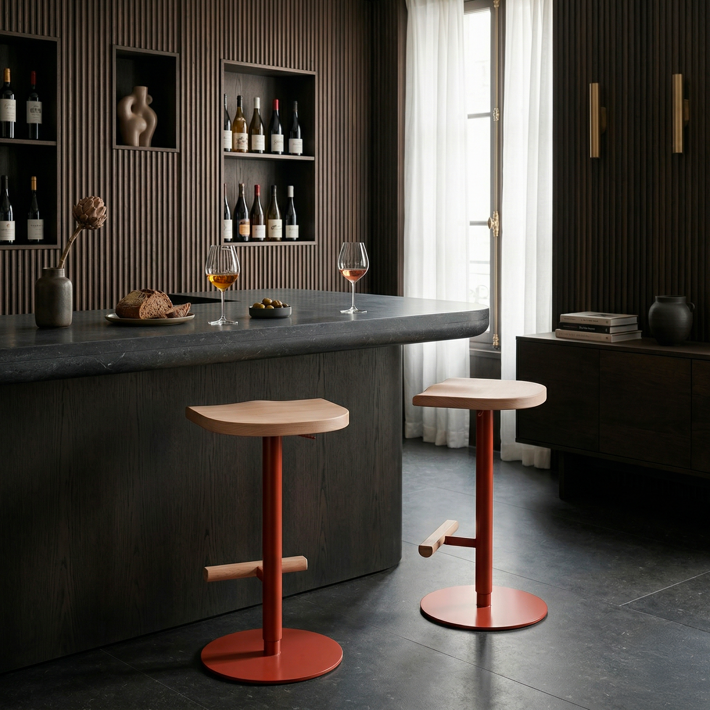 Adjustable Camarade bar stool burnt sienna at black wine bar — solid beech, Big-Game design | Antifer