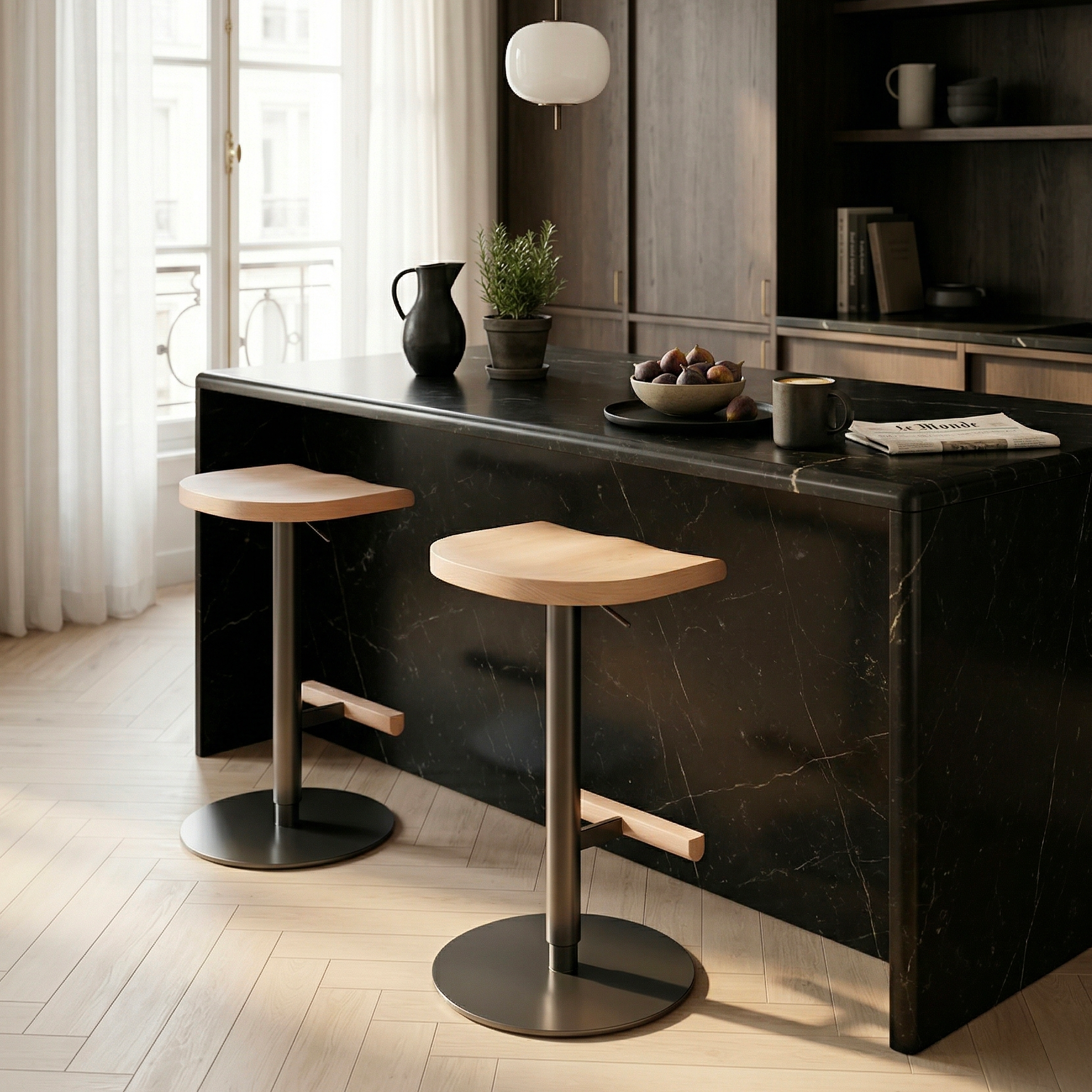 Two adjustable Camarade stools in slate, black marble kitchen — solid beech, Big-Game | Antifer