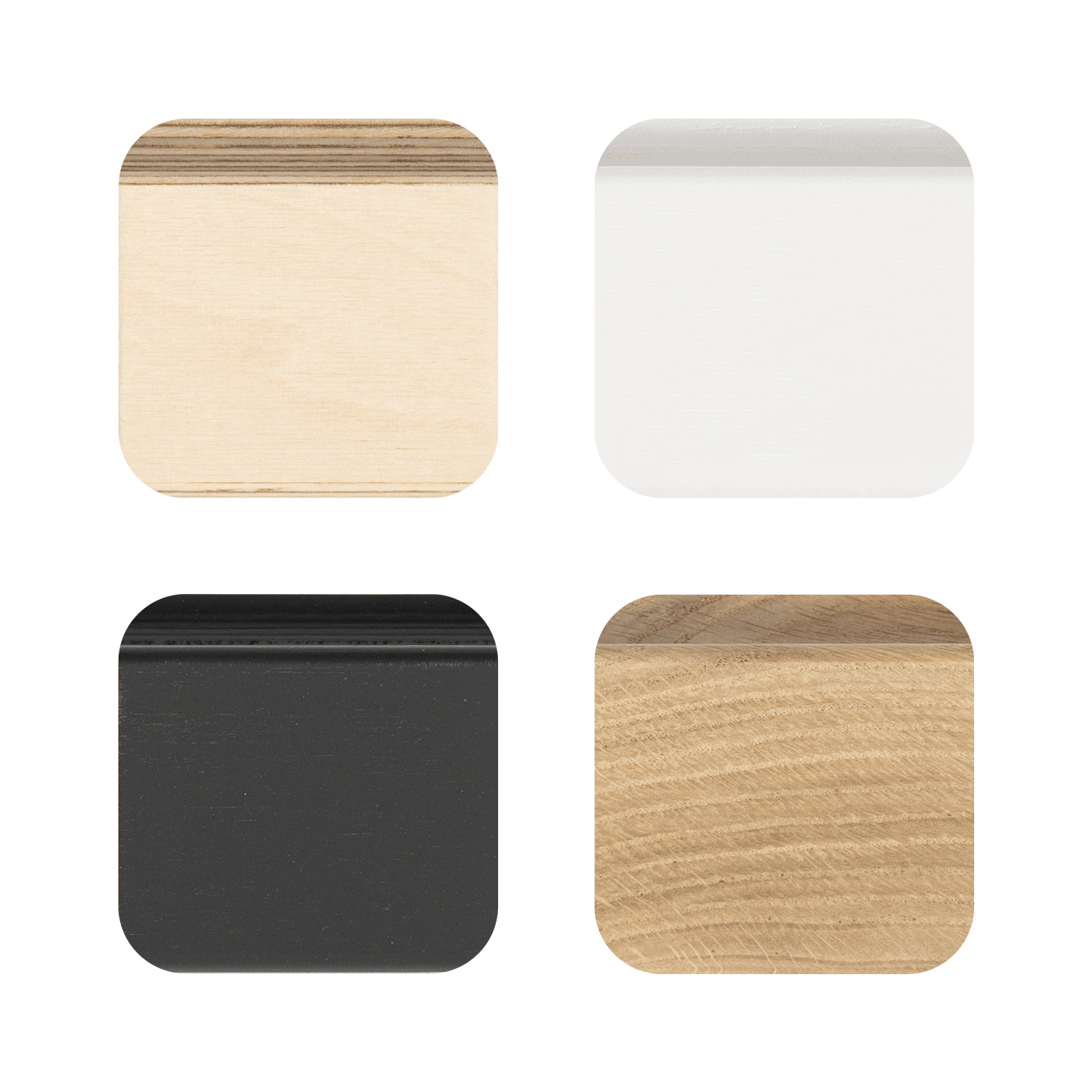 Variand wall rail material and color samples — birch oak black white — Variand design | Antifer