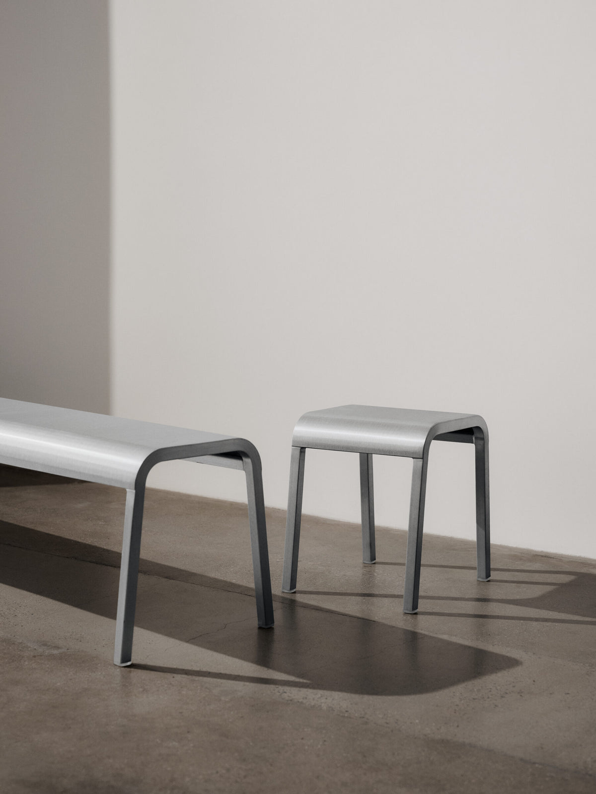 Emeco ZaZa bench and Za stool in brushed aluminium