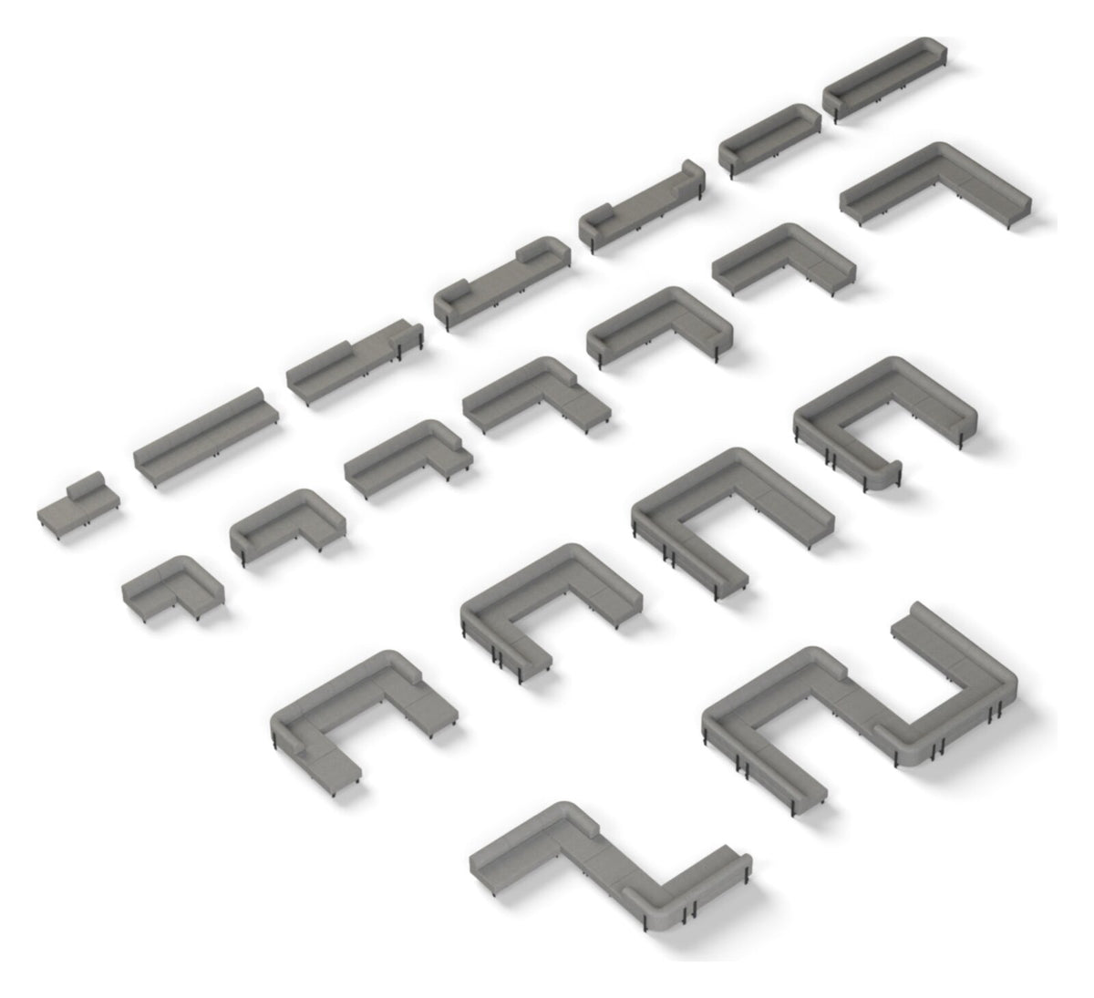 Elephant Sofa — abanico de composiciones modulares (recto, rincón, U)