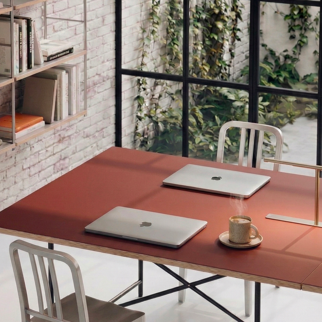 Tabletop linoleum Brick on desk in patio — linoleum Modulor made to measure, color brique | Antifer