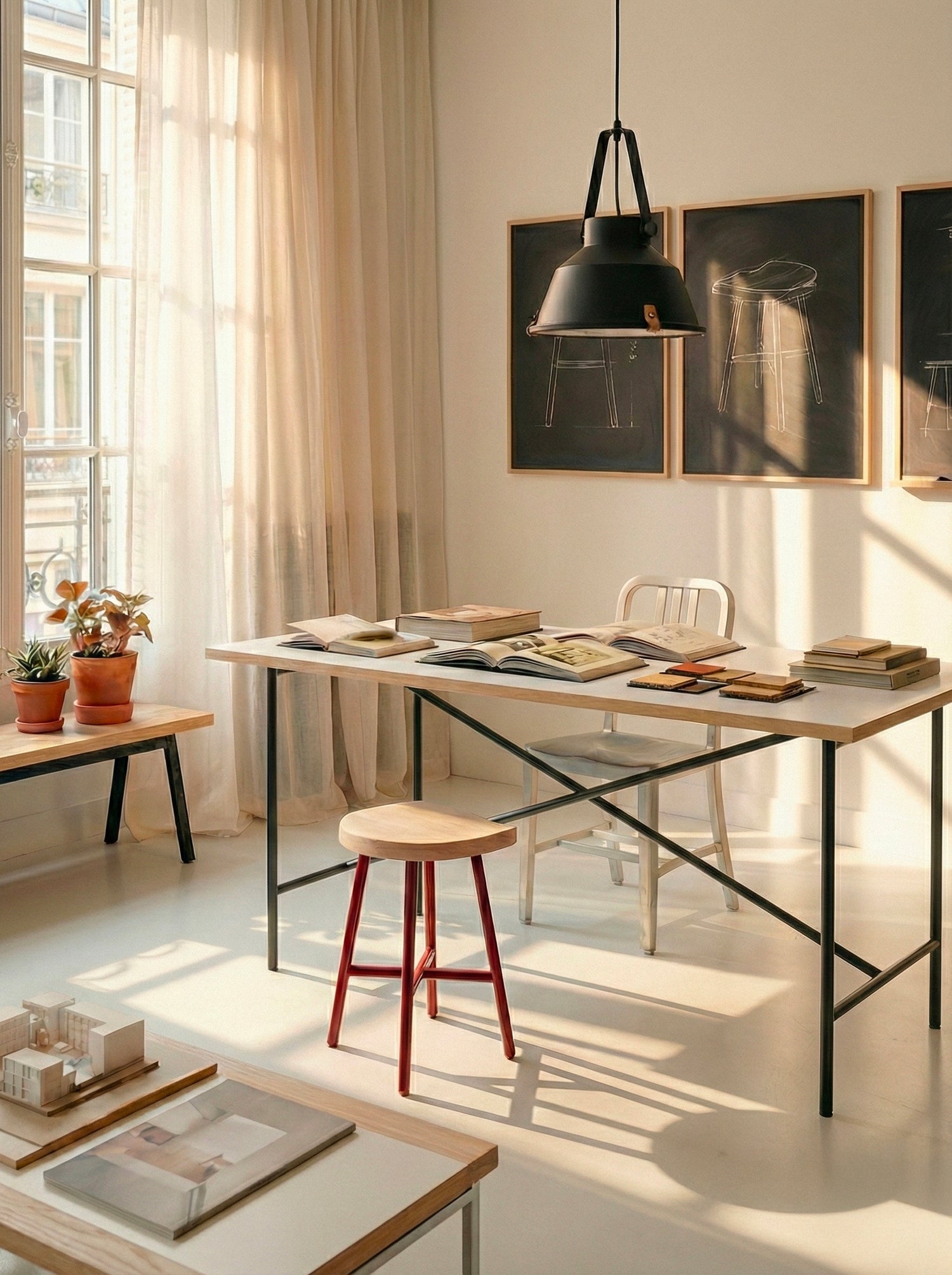 Petit studio créatif. Bureau lumineux avec Piétement de table E2 en acier couleur noire