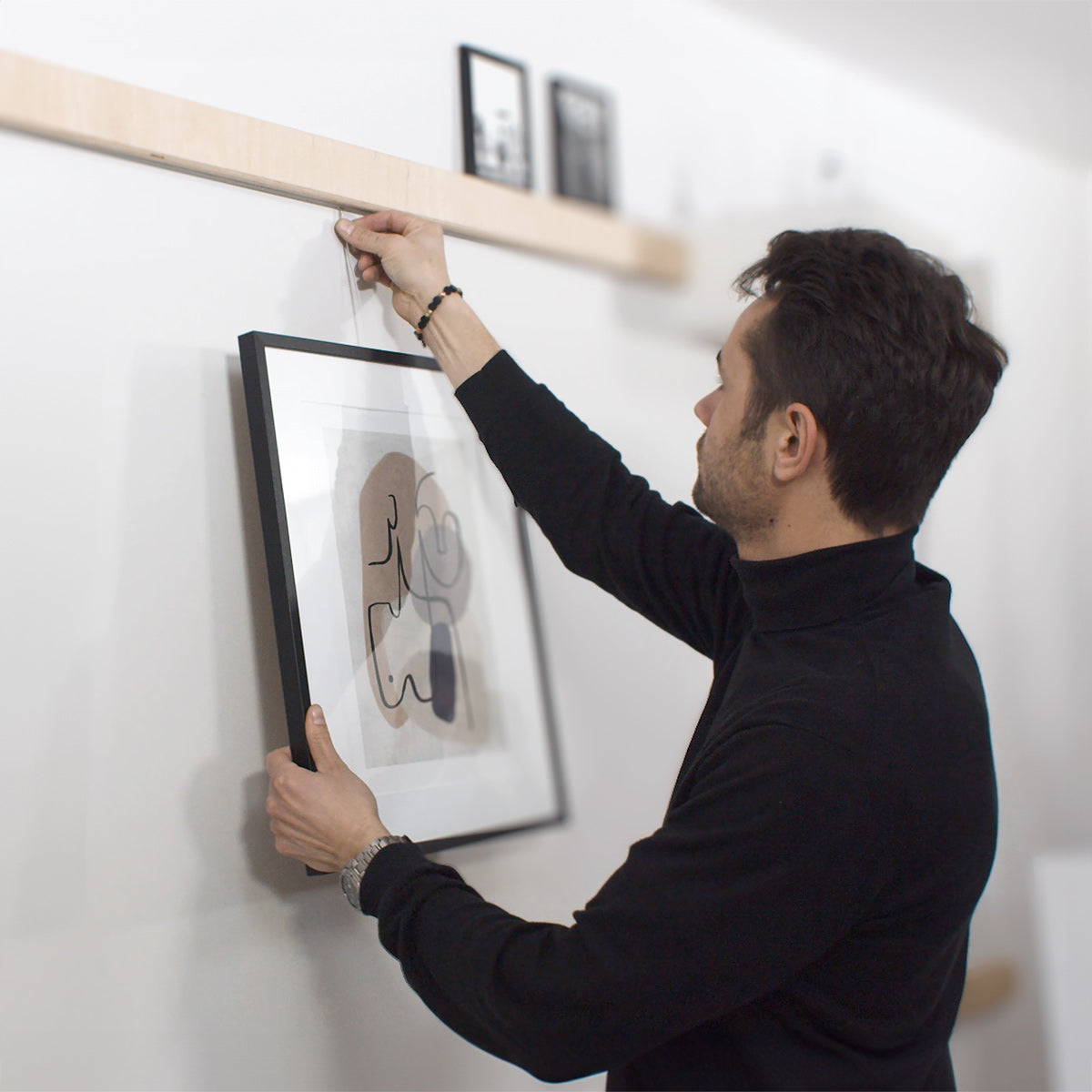 Variand V03 picture rail in situ — birch with illustrations — Variand design | Antifer